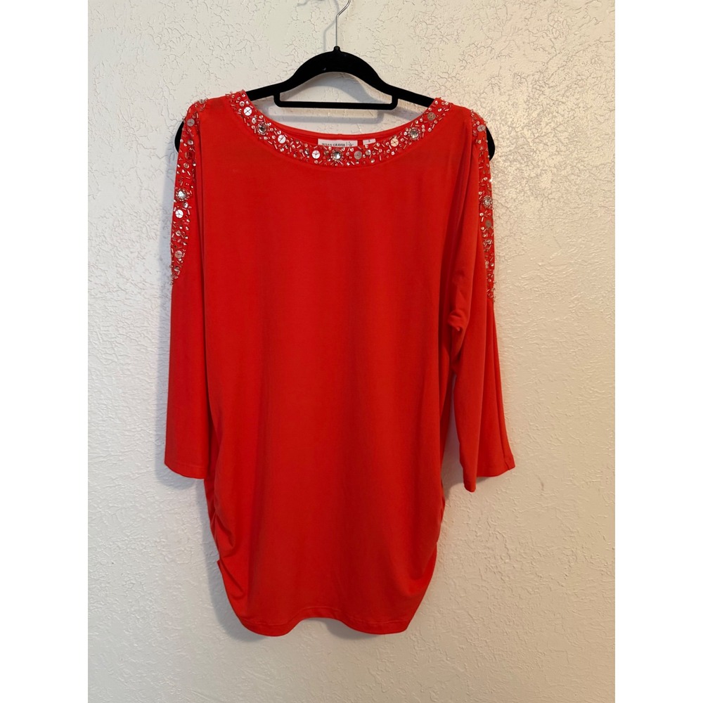 Susan Graver Red Liquid Knit Cold Shoulder Embellished Tunic Top Small